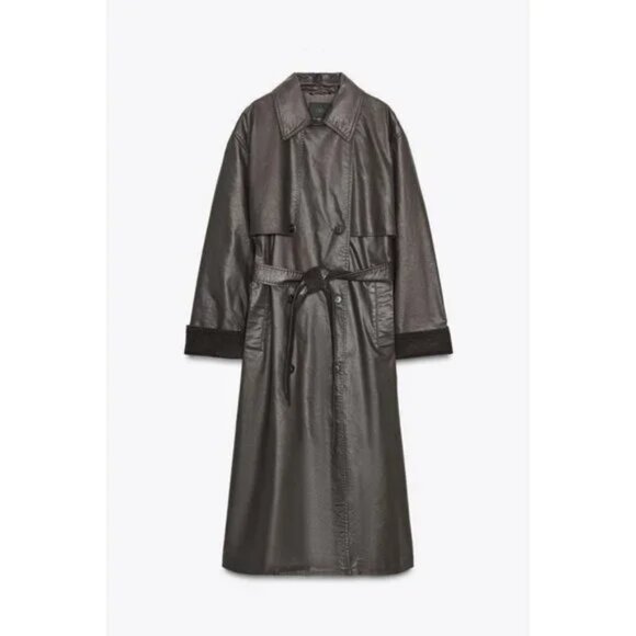 ZARA LONG WAXED TRENCH COAT WITH CORDUROY CUFFS - Picture 8 of 10